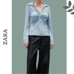Zara Shimmer Metallic Collared Knit Top Long Sleeve Light Blue Key Hole Size XL